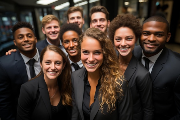 un gruppo di uomini d'affari felici e donne d'affare vestite di abiti stanno sorridendo in ufficio