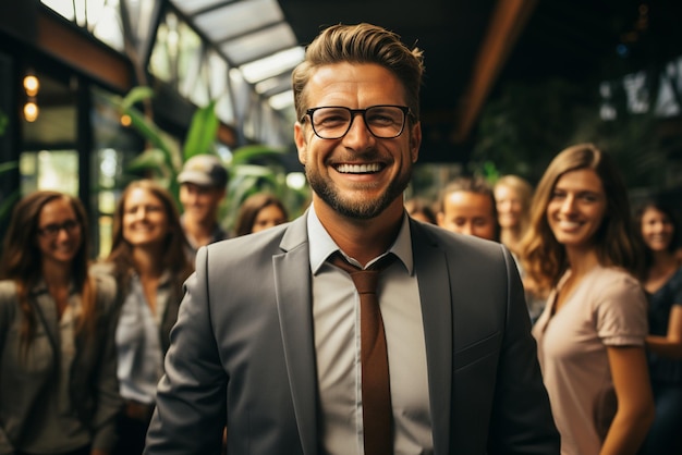 un gruppo di uomini d'affari felici e donne d'affare vestite di abiti stanno sorridendo in ufficio