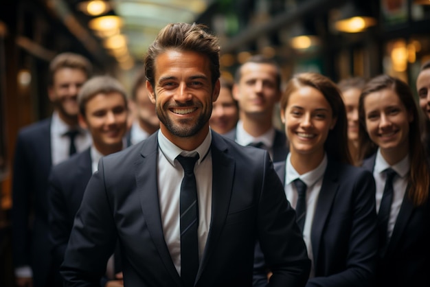 un gruppo di uomini d'affari felici e donne d'affare vestite di abiti stanno sorridendo in ufficio