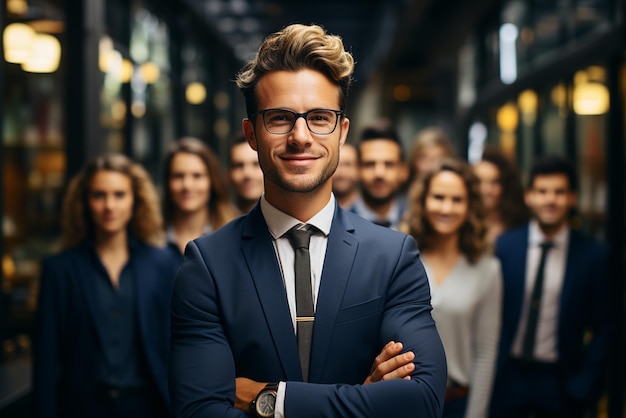 un gruppo di uomini d'affari felici e donne d'affari vestiti con abiti sorridenti in ufficio