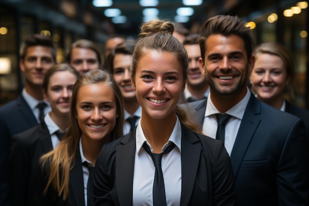 un gruppo di uomini d'affari felici e donne d'affari vestiti con abiti sorridenti in ufficio