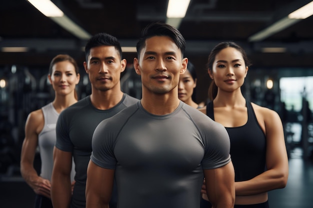 Un gruppo di uomini e donne asiatici atletici sta insieme in palestra