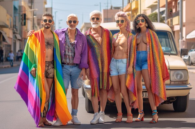 Un gruppo di uomini e donne si trova davanti a un'auto con bandiere arcobaleno.