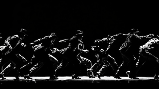 Un gruppo di uomini in abiti e cappelli esegue una routine di danza sincronizzata su un palco