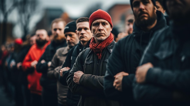 Un gruppo di uomini in fila.