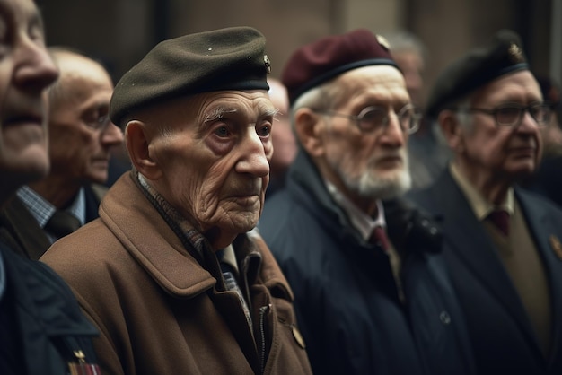 Un gruppo di uomini in mezzo alla folla, uno dei quali indossa un cappello che dice "la parola guerra"