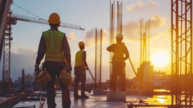 Un gruppo di uomini in piedi sul tetto di un cantiere