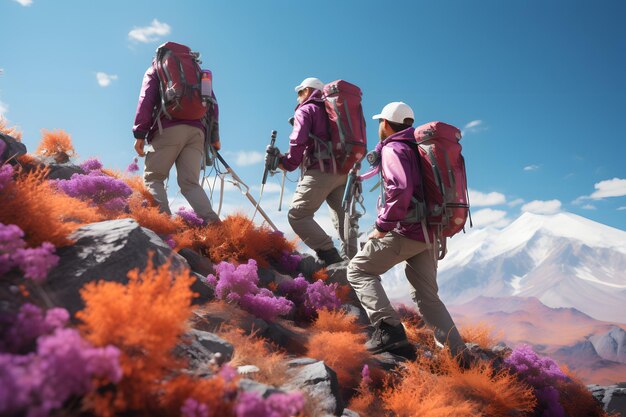 un gruppo di uomini indossa giacche e borse colorate sulla montagna