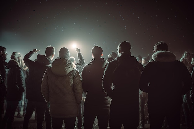 Un gruppo di uomini sta nell'oscurità illuminata da una luna piena in una notte limpida generata da Ai