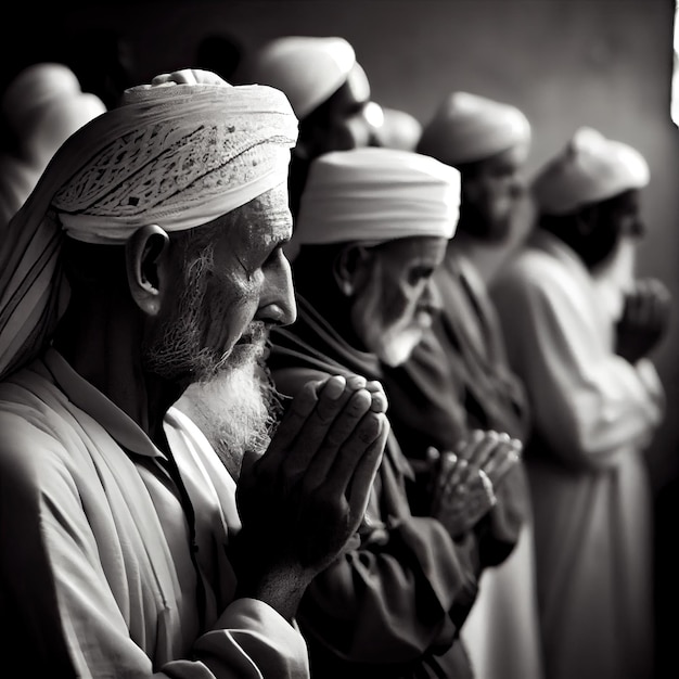 Un gruppo di uomini vestiti di turbante in preghiera