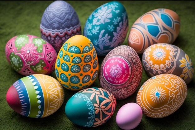 Un gruppo di uova di Pasqua colorate su uno sfondo verde