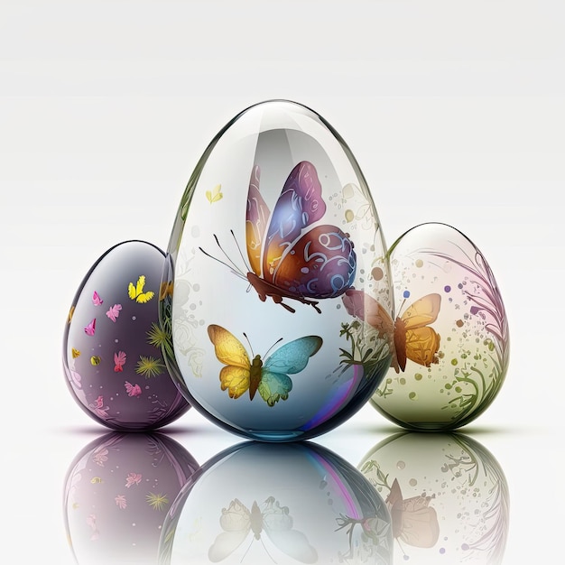 Un gruppo di uova di Pasqua con farfalle e uno sfondo bianco.