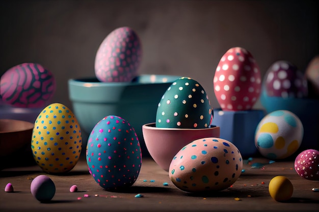 Un gruppo di uova di Pasqua decorate su un tavolo
