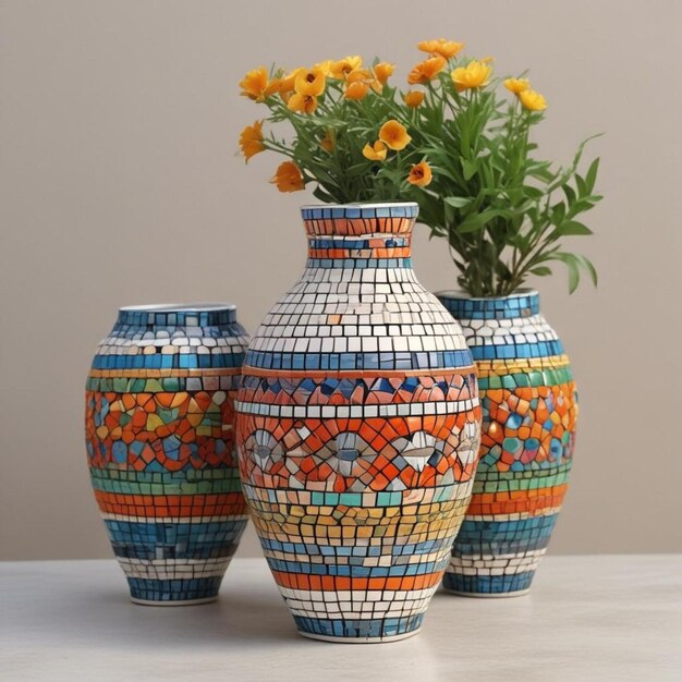 un gruppo di vasi con dei fiori in essi e uno ha un fiore in esso