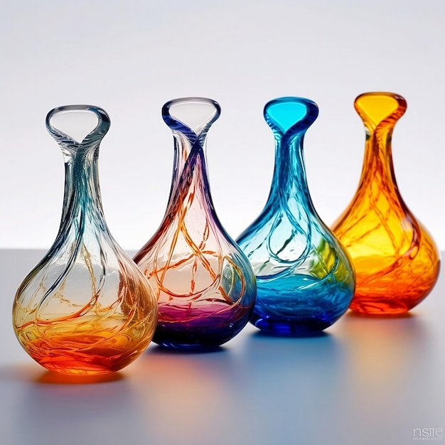 Un gruppo di vasi di vetro colorato è allineato su un tavolo.