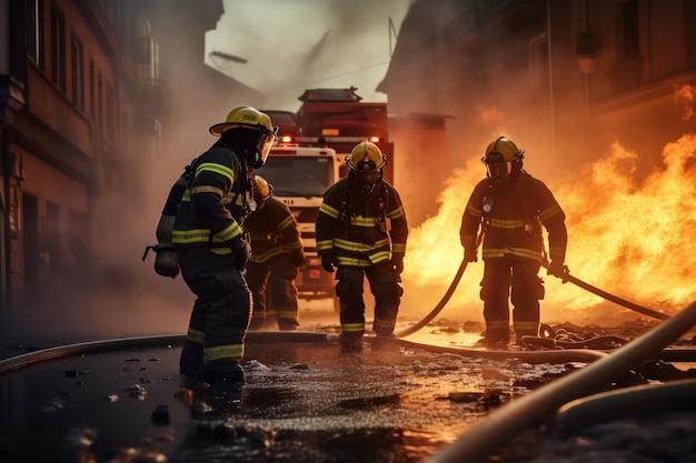 Un gruppo di vigili del fuoco mentre spegne un incendio Persone coraggiose che svolgono lavori pericolosi 911