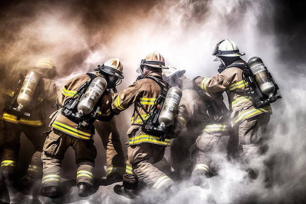 Un gruppo di vigili del fuoco sta combattendo con fumo e fumo.