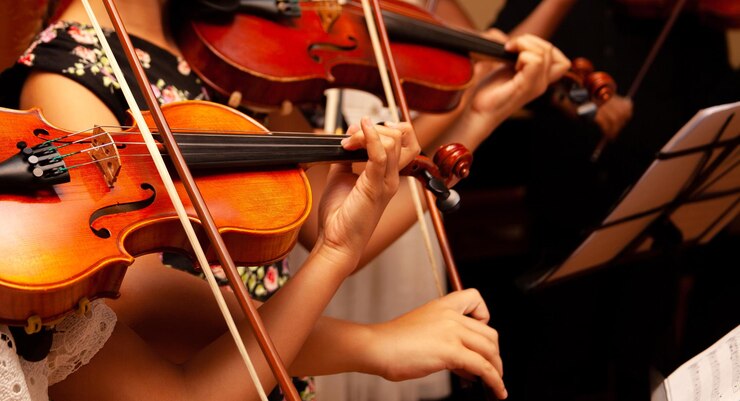 Un gruppo di violinisti anonimi, bambini, persone che suonano con gli archi in mano.