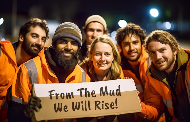 Un gruppo di volontari con in mano un cartello di cartone dal fango ci alzeremo generativo ai
