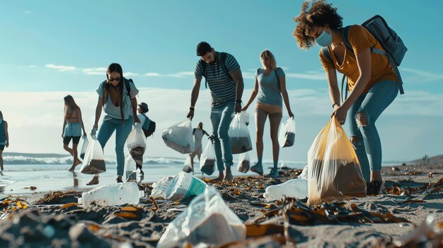 Un gruppo di volontari tiene la spiaggia pulita indossano abiti casuali e guanti e portano sacchetti della spazzatura L'oceano è sullo sfondo