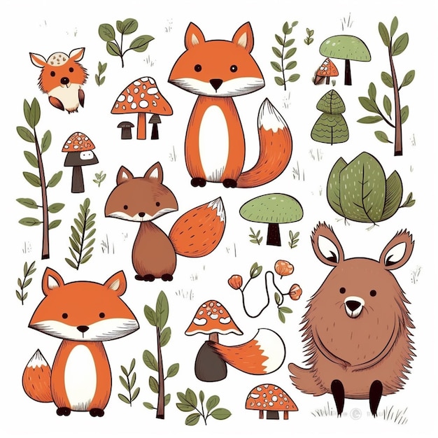 un gruppo di volpi e funghi dei cartoni animati nei boschi ai generativi