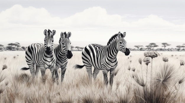 Un gruppo di zebre che pascolano in una savana erbosa IA generativa