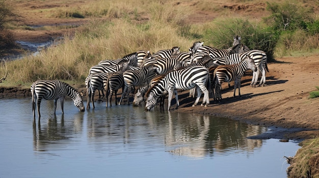 Un gruppo di zebre che stancano la loro sete al punto di irrigazione del campo