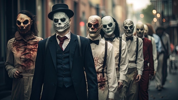 un gruppo di zombi è vestito con costumi.