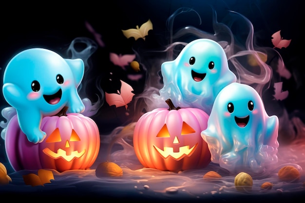 Un gruppo di zucche con le parole happy halloween su di loro.