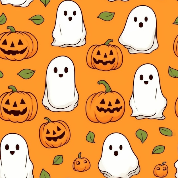 Un gruppo di zucche di Halloween e di teste di fantasmi su uno sfondo arancione ai generativo