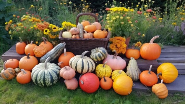 un gruppo di zucche e fiori