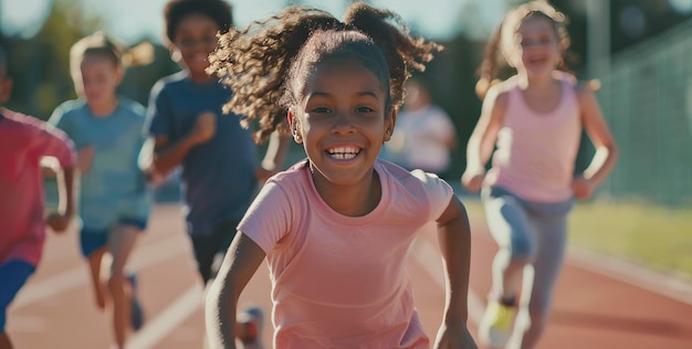 Un gruppo diversificato di bambini gioiosi che corrono su una pista atletica abbracciando con entusiasmo uno stile di vita sano e attivo