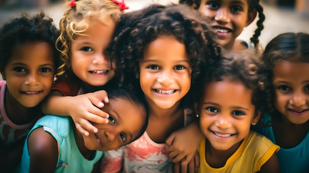 un gruppo diversificato di bambini sorridenti provenienti da paesi a basso reddito che rappresentano il potenziale speranzoso di