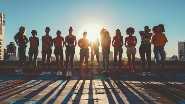 Un gruppo diversificato di giovani donne in piedi su un tetto al tramonto, tutte vestite casualmente e guardando la vista.