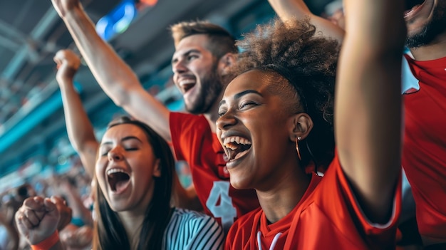 Un gruppo diversificato di individui eccitati applaudono all'unisono ad un emozionante evento sportivo