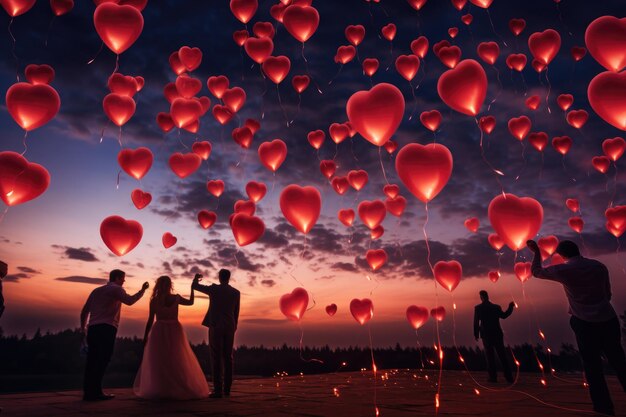 Un gruppo diversificato di individui in piedi insieme in un cerchio che circonda una colorata serie di palloncini. Palloncini di cuore rilasciati nel cielo serale durante un matrimonio generato da AI.