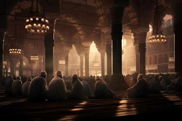 Un gruppo diversificato di individui seduti sul pavimento di un edificio impegnati in conversazioni e attività uomini musulmani che pregano durante il Ramadan