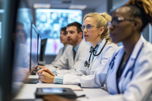 Un gruppo diversificato di medici seduti attorno a un tavolo di conferenza assorti nei loro portatili mentre analizzano i dati medici Un gruppo diverso di medici in una conferenza di telemedicina generata dall'IA