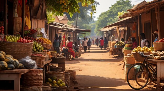 Un gruppo diversificato di persone che passeggiano davanti a un mercato affollato in una strada della città