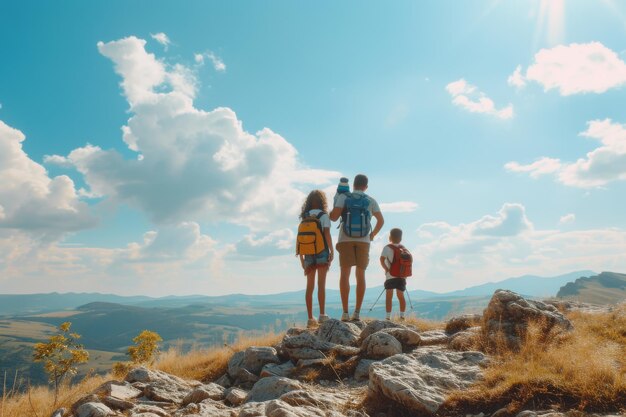 Un gruppo diversificato di persone in piedi trionfalmente sulla vetta di una maestosa montagna che festeggia il loro