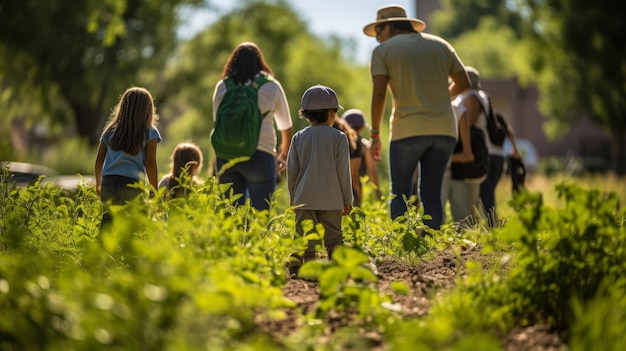 Un gruppo diversificato di persone passeggiano attraverso un vivace campo verde sotto il cielo limpido