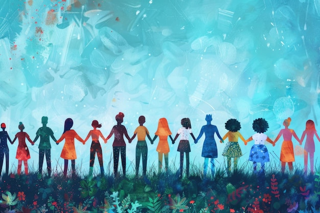 Un gruppo diversificato di persone si erge in solidarietà tenendosi per mano in un cerchio di unità in questo vibrante dipinto