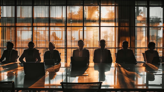 Un gruppo diversificato di professionisti impegnati in una vivace discussione durante una riunione di gestione a un tavolo conferenze in ufficio