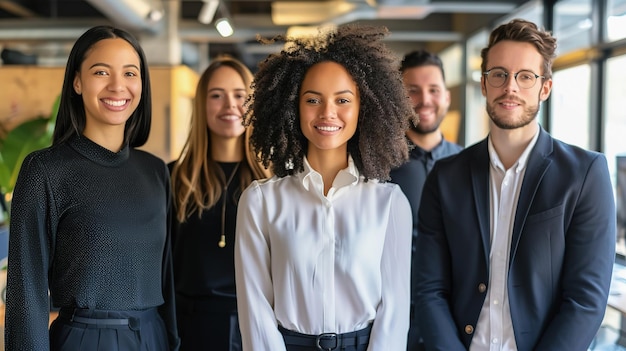 Un gruppo diversificato di professionisti sorridenti uniti nella diversità dell'inclusione in ufficio