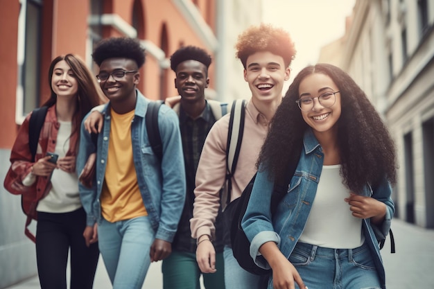 Un gruppo diversificato di studenti che camminano verso una scuola creata con la tecnologia generativa dell'IA