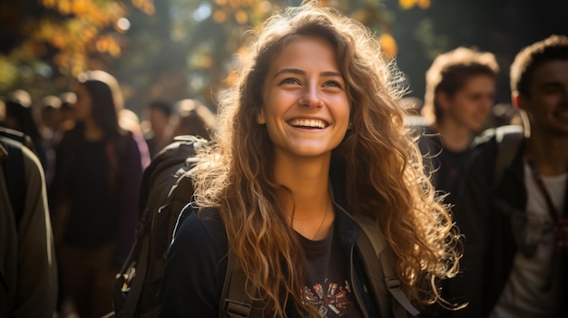 Un gruppo diversificato di studenti che ridono e camminano insieme attraverso un campus illuminato dal sole, evidenziando la diversità e l'amicizia.
