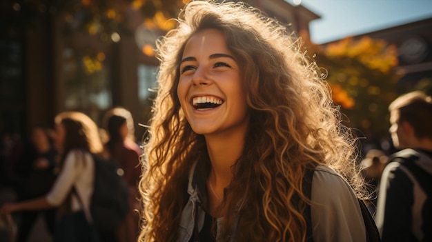 Un gruppo diversificato di studenti che ridono e camminano insieme attraverso un campus illuminato dal sole, evidenziando la diversità e l'amicizia.