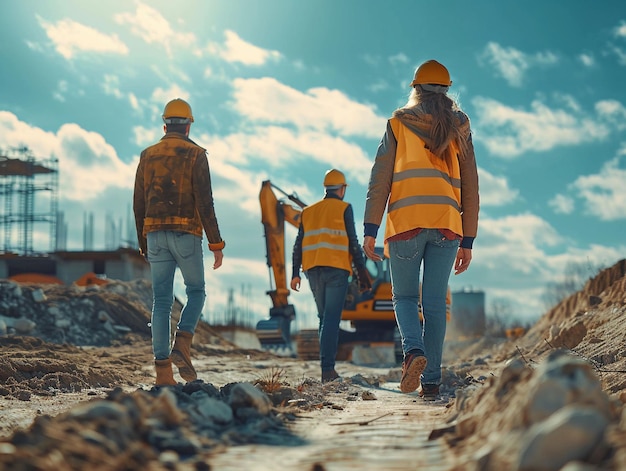 Un gruppo diversificato di uomini e donne che camminano nel cantiere