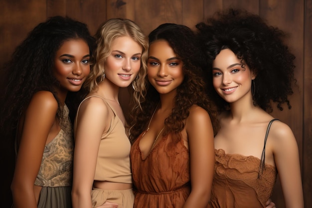 Un gruppo eterogeneo di bellissime ragazze adolescenti di razze diverse con una bellezza naturale e una pelle liscia e luminosa