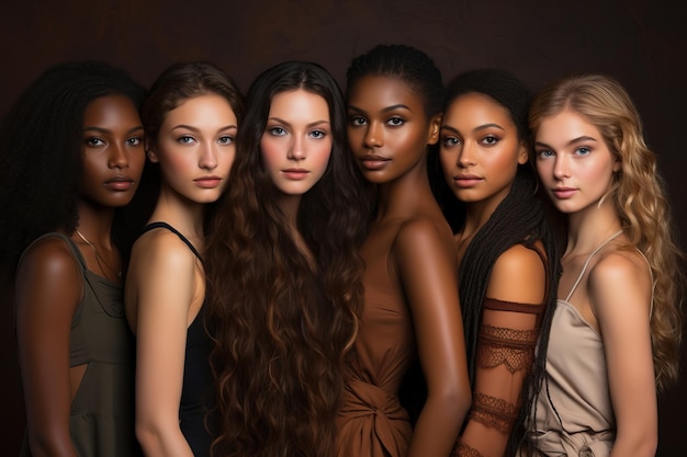Un gruppo eterogeneo di bellissime ragazze adolescenti di razze diverse con una bellezza naturale e una pelle liscia e luminosa